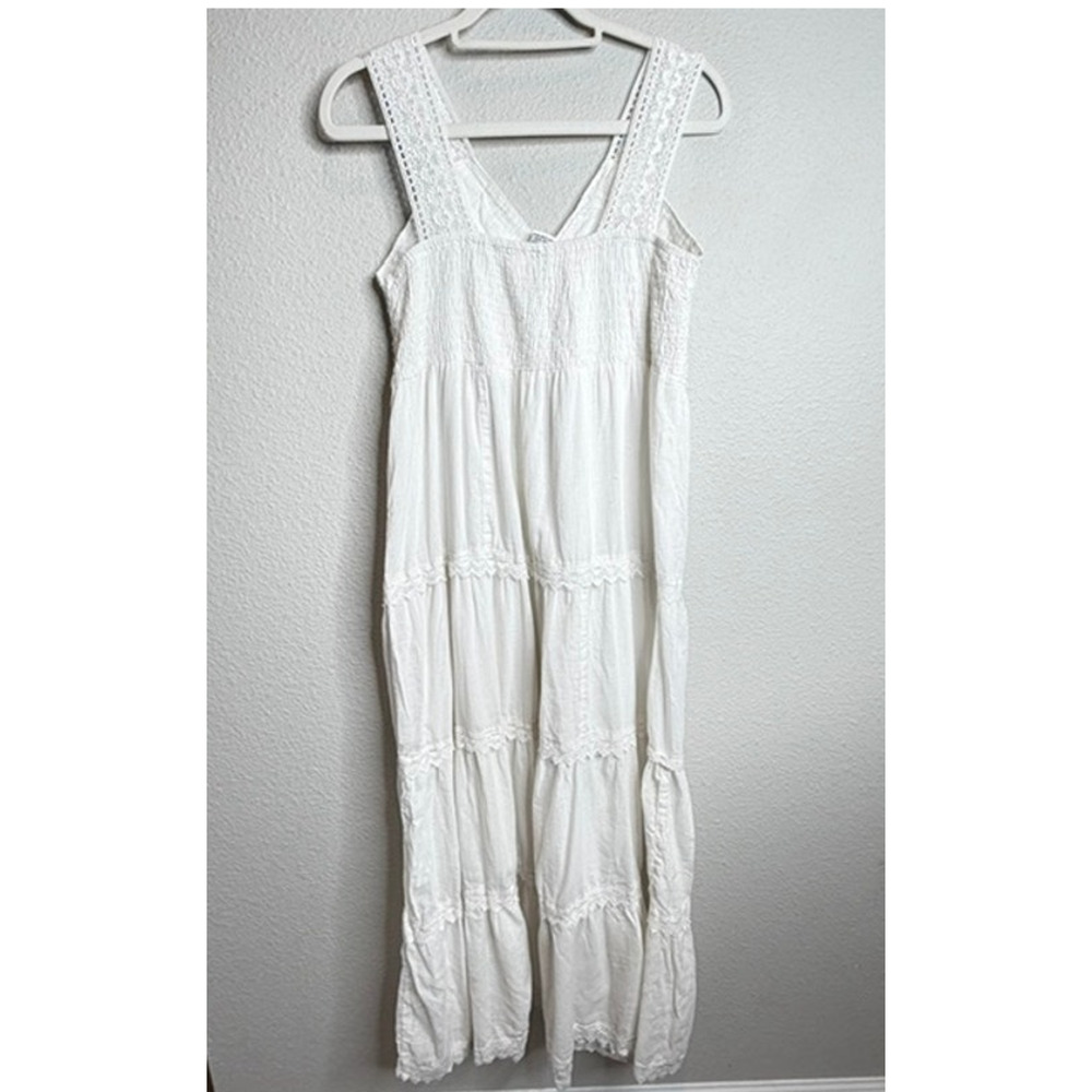 R.K. Garments White Cotton Crochet Lace Tiered Boho Prairie Maxi Dress OS - Picture 9 of 15